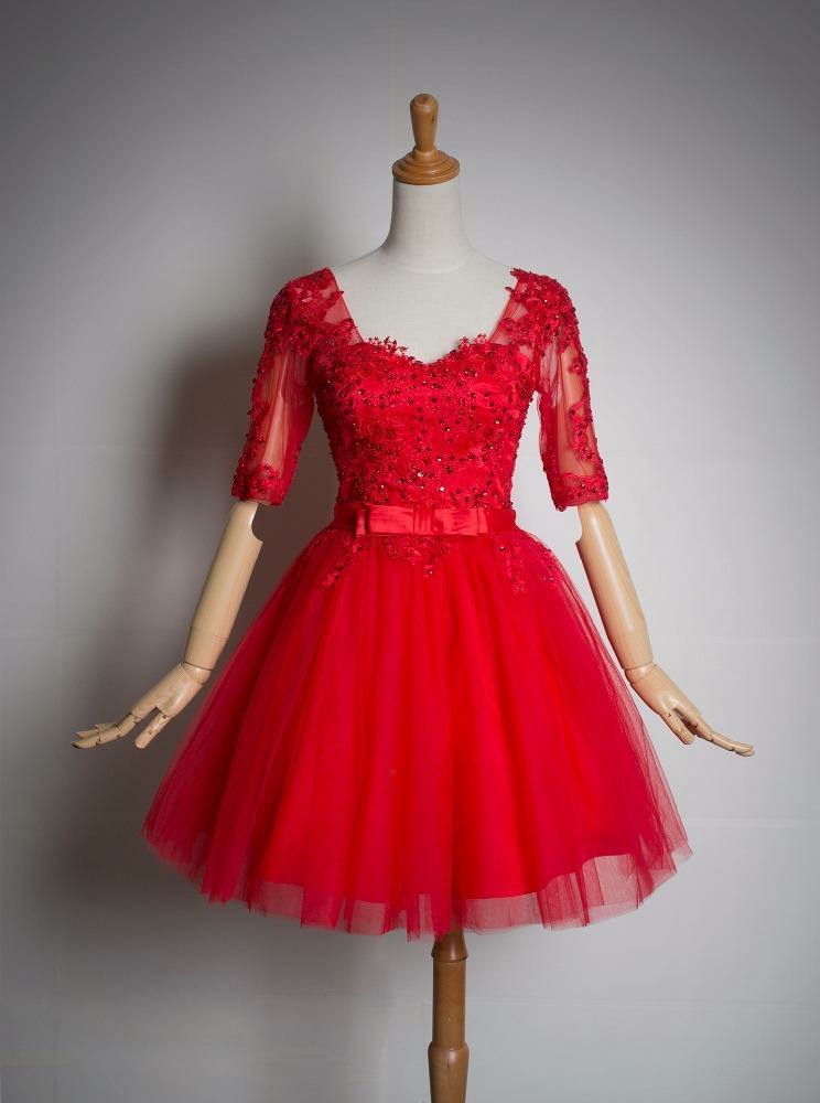 Red Color Lace Short Sleeves Tulle Knee Length Party Dress, Red Color Short Formal Dress
